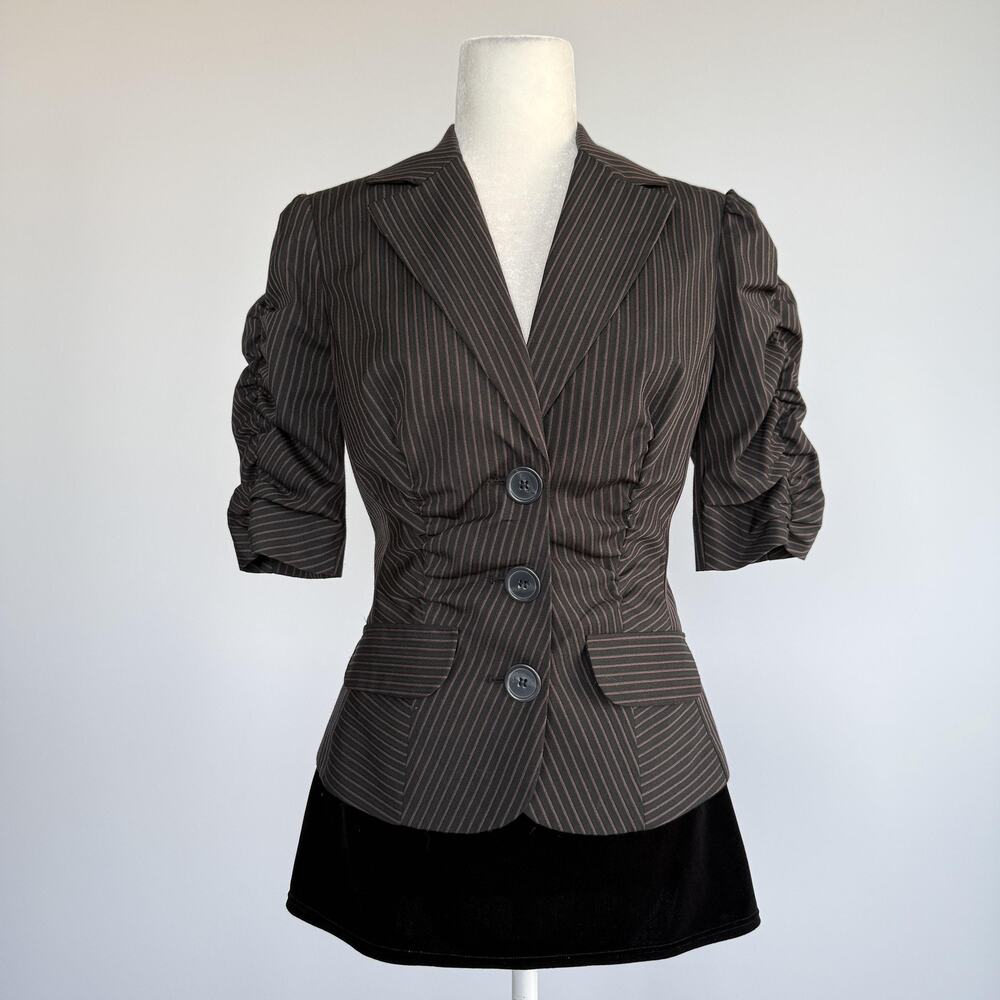 Sele Blazer Jacket Womens Medium Brown Pinstripe Ruched Sleeve Lined Stretch